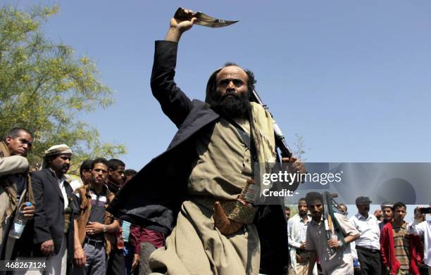 Yemeni supporters of the Shiite Huthi militia attend a demonstration in the second largest city of Taiz on April 1 to protest against the Saudi-led...