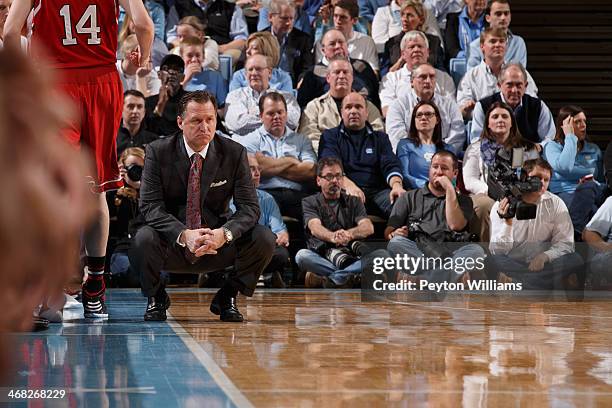 Head coach Mark Gottfried of the North Carolina State Wolfpack coaches against the North Carolina Tar Heels on February 01, 2014 at the Dean E. Smith...