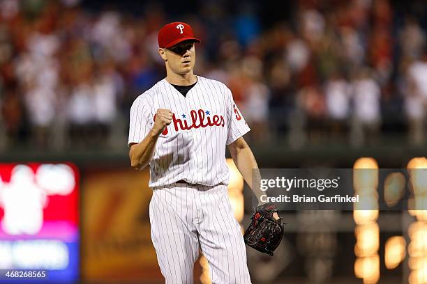 Closer Jonathan Papelbon of the Philadelphia Phillies reacts after the game against the San Diego Padres at Citizens Bank Park on September 11, 2013...