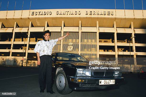 Real Madrid and Mexico striker Hugo Sanchez pictured outside of the Bernabeu Stadium in April 1989 in Madrid, Spain.