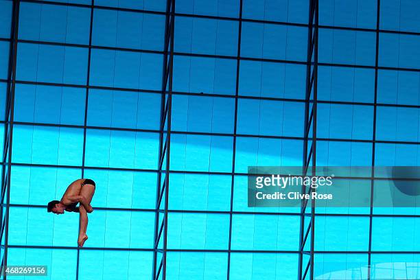 Tom Daley of Great Britain in action during a training session at the London Aquatics Centre on April 1, 2015 in London, England.