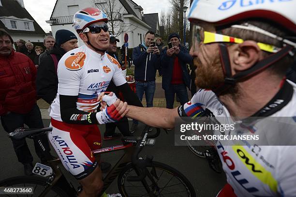 Norvegian cyclist Alexander Kristoff of Team Katusha and Italian cyclist Luca Paolini of Team Katusha after the second stage of the Driedaagse De...