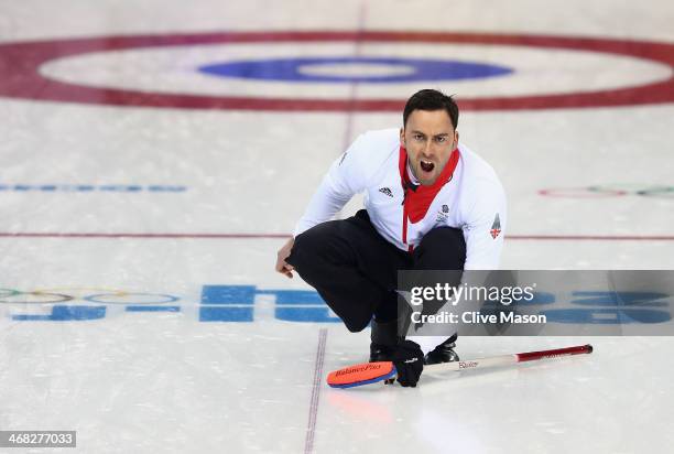 David Murdoch of Great Britrain in action during the round robin match against Russia during day 3 of the Sochi 2014 Winter Olympics at Ice Cube...