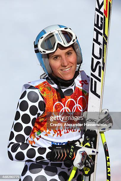 Macarena Simari Birkner of Argentina looks on during the Alpine Skiing Women's Super Combined Downhill on day 3 of the Sochi 2014 Winter Olympics at...