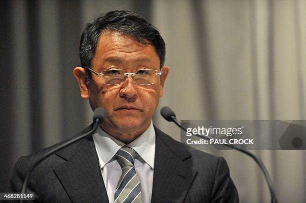Toyota Motor Corporation President Akio Toyoda addresses a press conference at the Altona Toyota manufacturing plant in Melbourne on February 10,...
