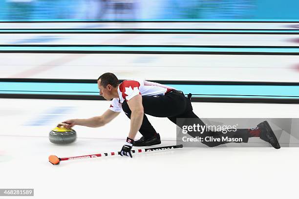 Harnden of Canada in action during the round robin match against Germany during day 3 of the Sochi 2014 Winter Olympics at Ice Cube Curling Center on...