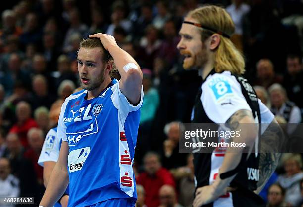 Fabian Gutbrod of Bergischer HC reacts during the DKB HBL Bundesliga match between THW Kiel and Bergischer HC at Sparkassen Arena on April 1, 2015 in...