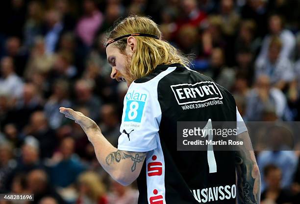 Bjoergvin Gustavsson, goaltender of Bergischer HC reacts during the DKB HBL Bundesliga match between THW Kiel and Bergischer HC at Sparkassen Arena...