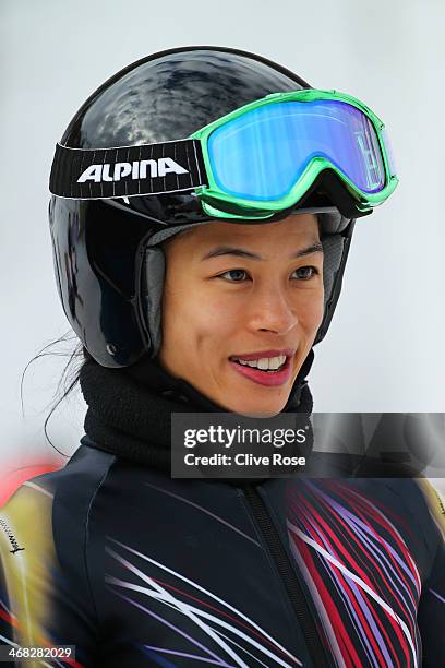 Vanessa Mae of Thailand attends the Alpine Skiing Women's Super Combined Downhill on day 3 of the Sochi 2014 Winter Olympics at Rosa Khutor Alpine...