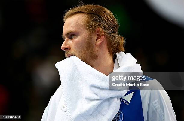 Fabian Gutbrod of Bergischer HC reacts after the DKB HBL Bundesliga match between THW Kiel and Bergischer HC at Sparkassen Arena on April 1, 2015 in...