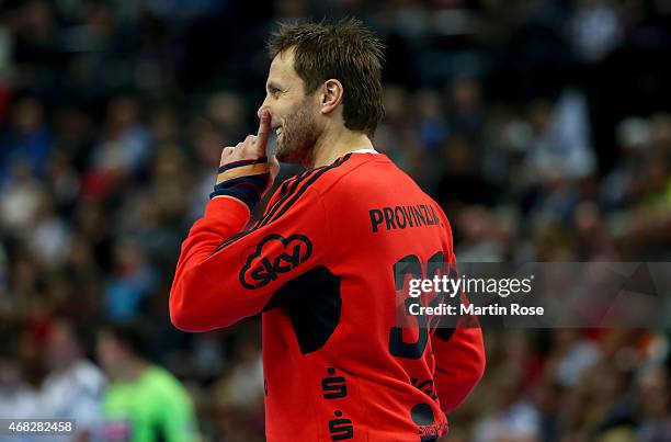 Steinar Ege, goaltender of Kiel reacts during the DKB HBL Bundesliga match between THW Kiel and Bergischer HC at Sparkassen Arena on April 1, 2015 in...