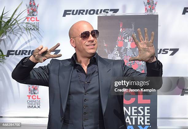 Actor Vin Diesel attends his hand and footprint ceremony at TCL Chinese Theatre IMAX on April 1, 2015 in Hollywood, California.