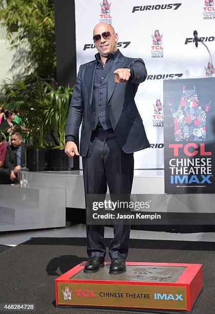 Actor Vin Diesel attends his hand and footprint ceremony at TCL Chinese Theatre IMAX on April 1, 2015 in Hollywood, California.