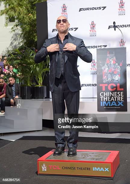 Actor Vin Diesel attends his hand and footprint ceremony at TCL Chinese Theatre IMAX on April 1, 2015 in Hollywood, California.