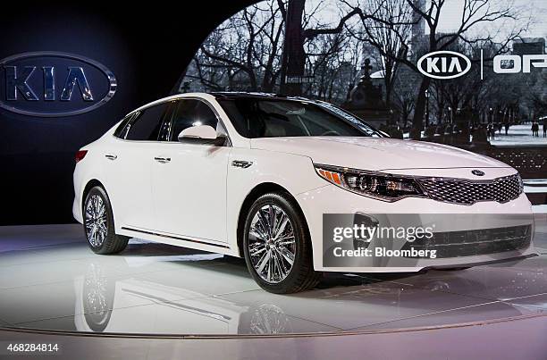 The Kia Motors Corp. Optima vehicle is unveiled during the 2015 New York International Auto Show in New York, U.S., on Wednesday, April 1, 2015. The...