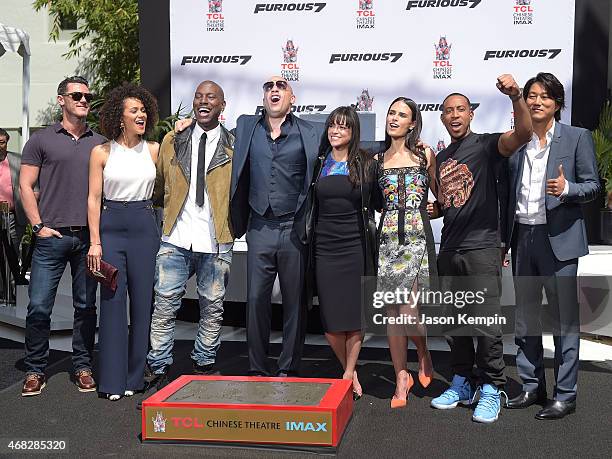 Lucas Black, Nathalie Emmanuel, Tyrese Gibson, Vin Diesel, Michelle Rodriguez, Jordana Brewster, Ludacris and Tatchakorn Yeerum attend Vin Diesel's...