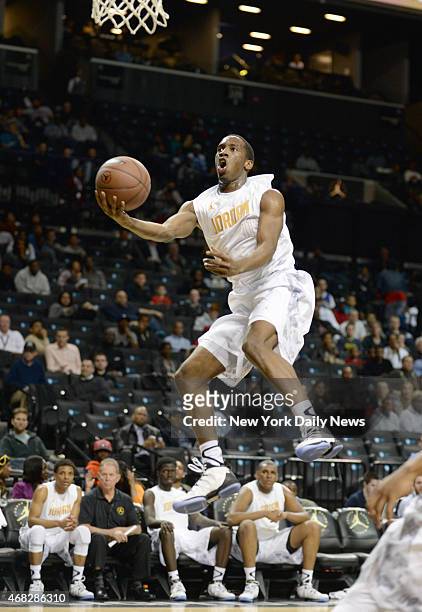Khadeen Carrington of Bishop Loughlin HS goes for a shot during game action of the 2014 Jordan Brand Classic Regional Team game at the Barclays...