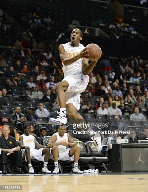 Khadeen Carrington of Bishop Loughlin HS goes for a shot during game action of the 2014 Jordan Brand Classic Regional Team game at the Barclays...