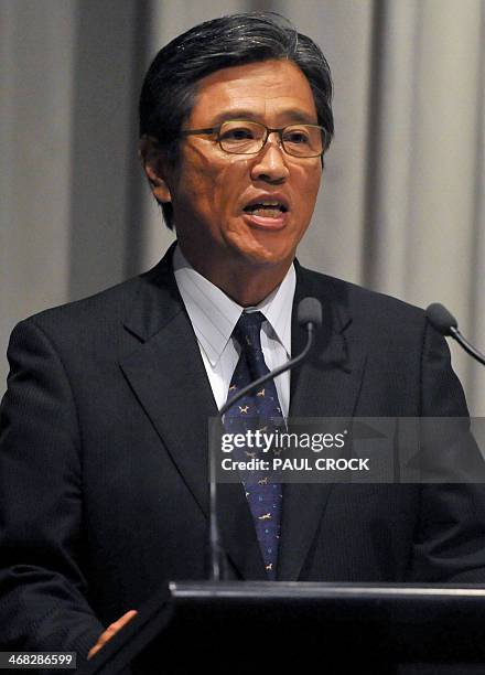 Toyota Australia president and chief executive officer Max Yasuda reacts during a press conference at the Altona Toyota manufacturing plant in...