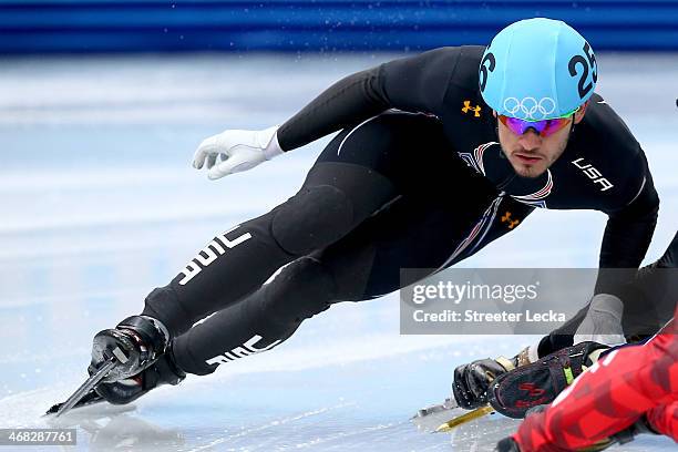 Eddy Alvarez of the United States competes in the Short Track Speed Skating Men's 1500m qualifying on day 3 of the Sochi 2014 Winter Olympics at...