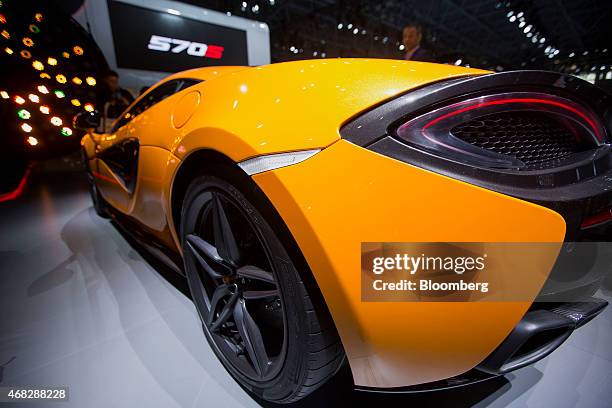 The McLaren Automotive Ltd. 570S vehicle is displayed during the 2015 New York International Auto Show in New York, U.S., on Wednesday, April 1,...