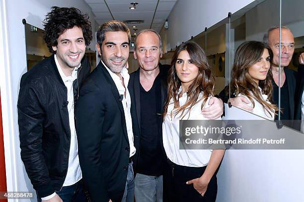 Max Boublil, Ary Abittan, Laurent Baffie and Geraldine Nakache attend the 'Vivement Dimanche' French TV Show at Pavillon Gabriel on April 1, 2015 in...