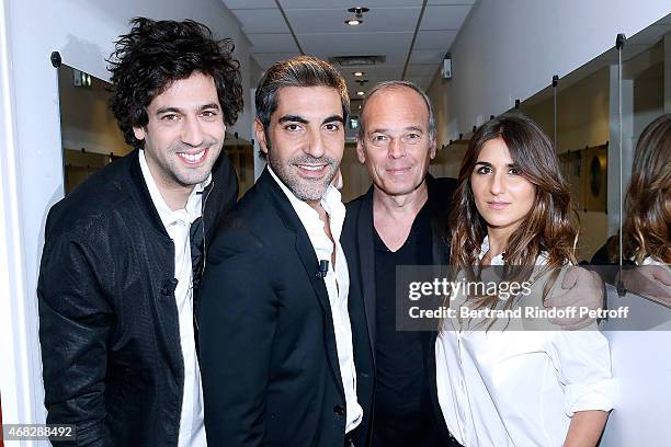 Max Boublil, Ary Abittan, Laurent Baffie and Geraldine Nakache attend the 'Vivement Dimanche' French TV Show at Pavillon Gabriel on April 1, 2015 in...