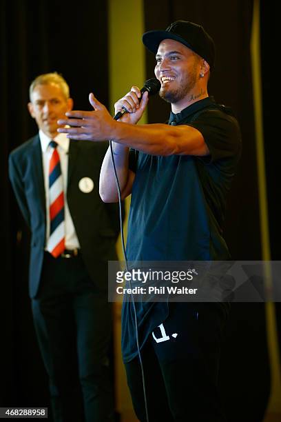 Stan Walker speaks to school students after being announced as an ambassador for the FIFA U20 World Cup at Sutton Park School on April 2, 2015 in...