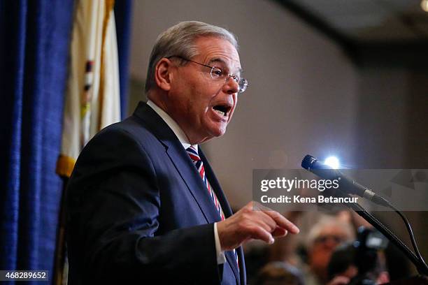 Sen. Robert Menendez speaks at a press conference on April 1, 2015 in Newark, New Jersey. According to reports, Menendez has been indicted on federal...