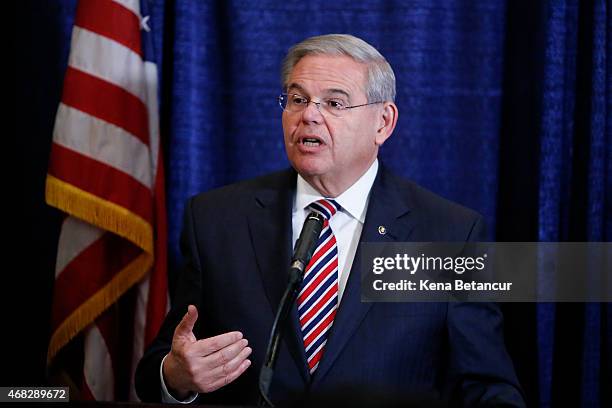 Sen. Robert Menendez speaks at a press conference on April 1, 2015 in Newark, New Jersey. According to reports, Menendez has been indicted on federal...