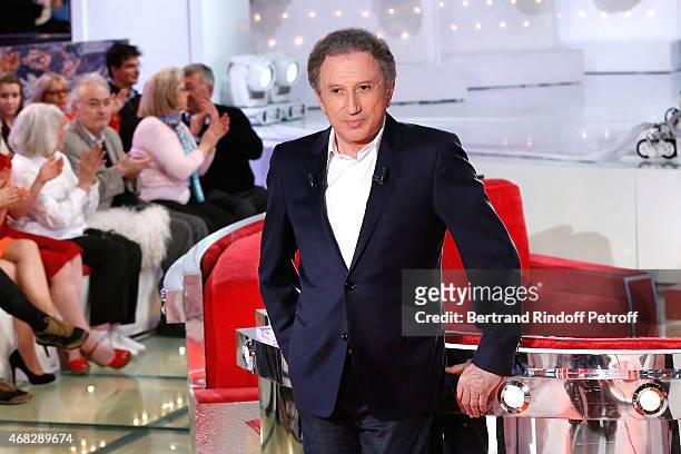 Presenter of the show Michel Drucker attends the 'Vivement Dimanche' French TV Show at Pavillon Gabriel on April 1, 2015 in Paris, France.