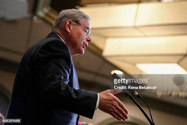 Sen. Robert Menendez speaks at a press conference on April 1, 2015 in Newark, New Jersey. According to reports, Menendez has been indicted on federal...