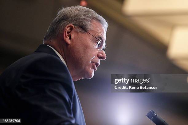 Sen. Robert Menendez speaks at a press conference on April 1, 2015 in Newark, New Jersey. According to reports, Menendez has been indicted on federal...