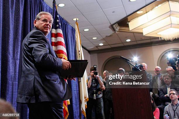 Sen. Robert Menendez arrives to speak at a press conference on April 1, 2015 in Newark, New Jersey. According to reports, Menendez has been indicted...