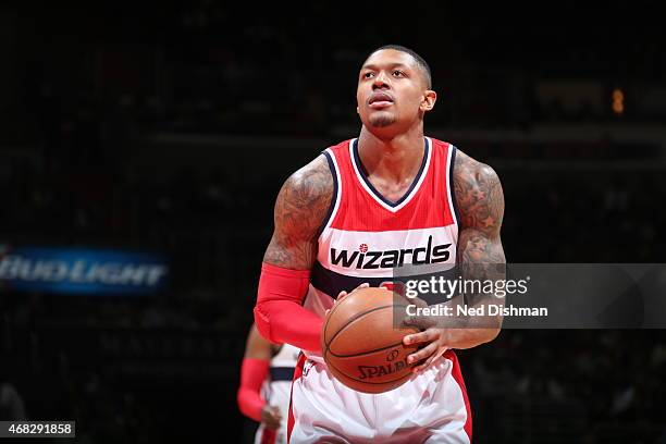 Bradley Beal of the Washington Wizards prepares to shoot a free throw against the Philadelphia 76ers on April 1, 2015 at the Verizon Center in...