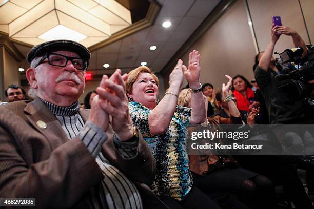 Followers listen as Sen. Robert Menendez speaks at a press conference on April 1, 2015 in Newark, New Jersey. According to reports, Menendez has been...