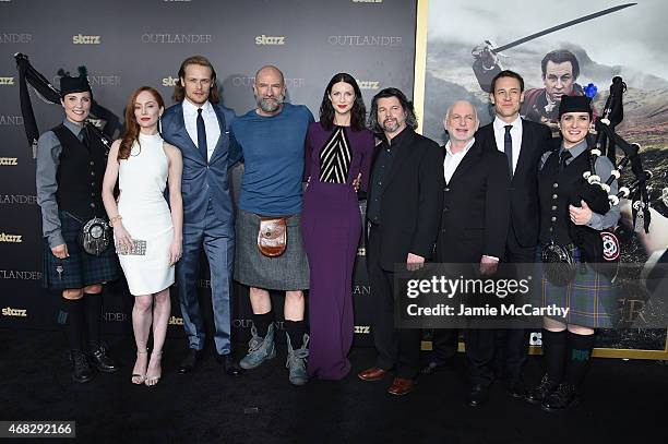 Lotte Verbeek, Sam Heughan, Graham McTavish, Caitriona Balfe, Ronald D. Moore, Gary Lewis, and Tobias Menzies attend the "Outlander" mid-season New...