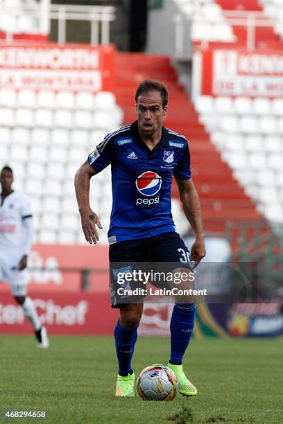 Federico Insúa of Millonarios, controls the ball during a match between Once Caldas and Millonarios as part of third round of Liga Aguila I 2015 at...