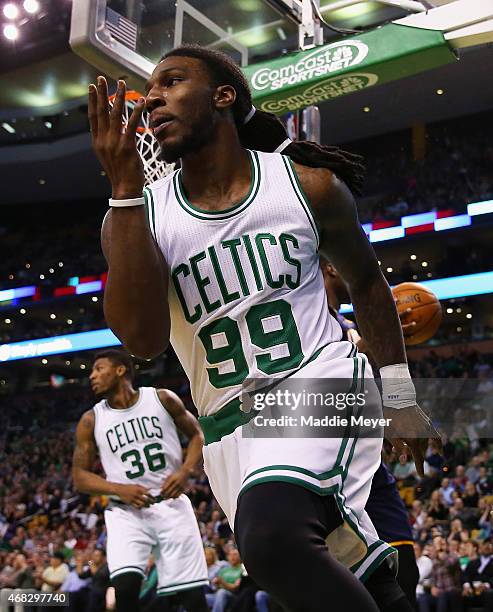 Jae Crowder of the Boston Celtics celebrates after scoring against the Indiana Pacers during the fourth quarter at TD Garden on April 1, 2015 in...