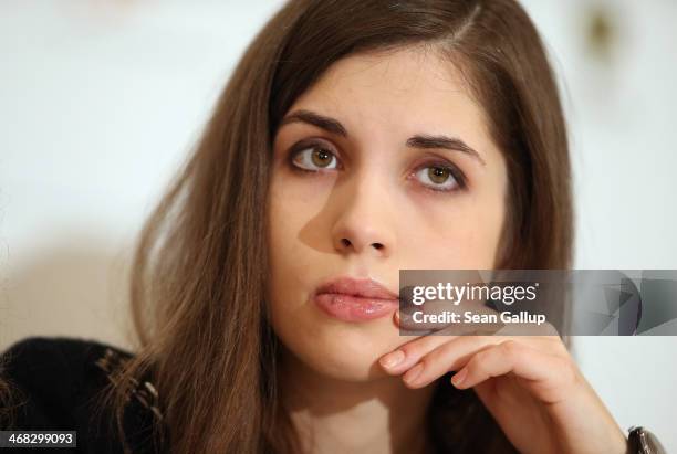 Original Pussy Riot member Nadezhda Tolokonnikova speaks at the Cinema for Peace 2014 press conference at the Regent Hotel on February 10, 2014 in...