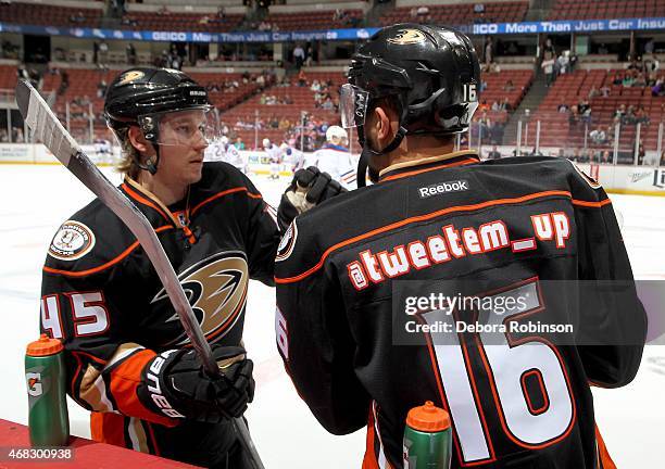 Sami Vatanen and Emerson Etem of the Anaheim Ducks talk during Anaheim Ducks Social Media Night before the game against the Edmonton Oilers on April...