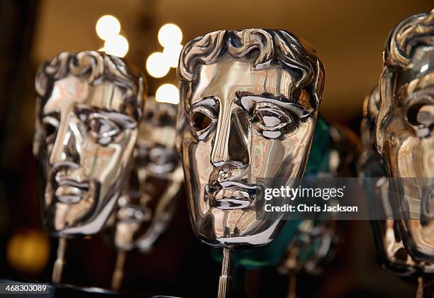 The iconic BAFTA mask awards sit ready to be polished at the Savoy Hotel ahead of the British Academy Film Awards on Sunday 16th February, on...