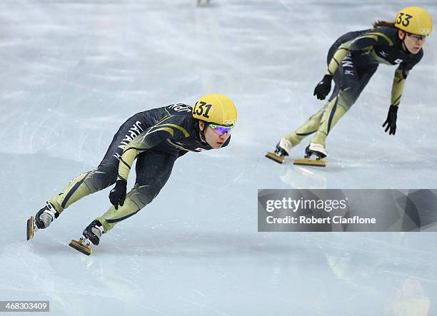 Yui Sakai and Sayuri Shimizu of Japan competes in the Short Track Speed Skating Women's 3000m Relay Semifinal during day three of the Sochi 2014...