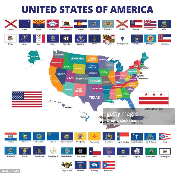 usa map and state flags - state flags stock illustrations