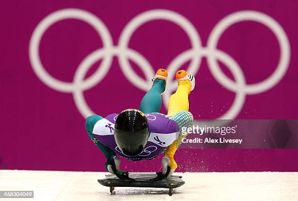 John Farrow of Australia in action during a Men's Skeleton training session on Day 3 of the Sochi 2014 Winter Olympics at the Sanki Sliding Center on...