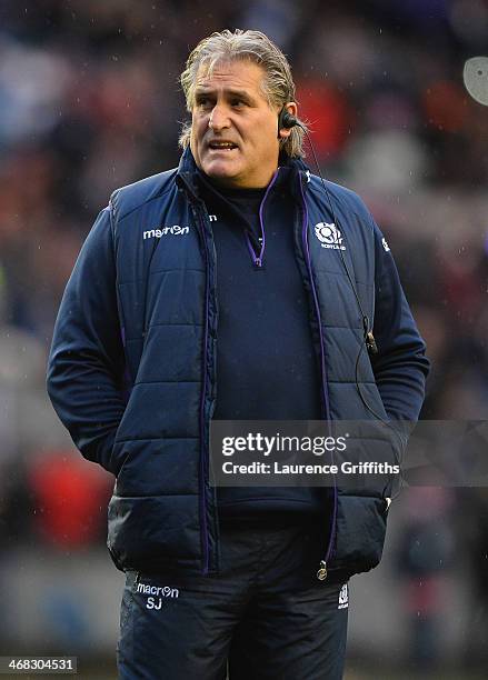 Scotland coach Scott Johnson looks on during the RBS Six Nations match between Scotland and England at Murrayfield Stadium on February 8, 2014 in...