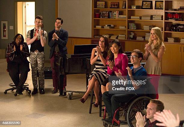 Mercedes , Kurt , Blaine , Rachel , Tina , Artie and Kitty watch Will and Sam perform in the special two-hour "2009/Dreams Come True" Series Finale...