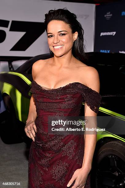 Actress Michelle Rodriguez attends Universal Pictures' "Furious 7" premiere at TCL Chinese Theatre on April 1, 2015 in Hollywood, California.