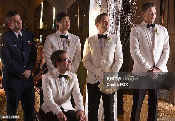 The groomsmen celebrate Brittany and Santana in the "Wedding" episode of GLEE airing Friday, Feb. 20 on FOX. Pictured L-R: Mark Salling, Kevin...