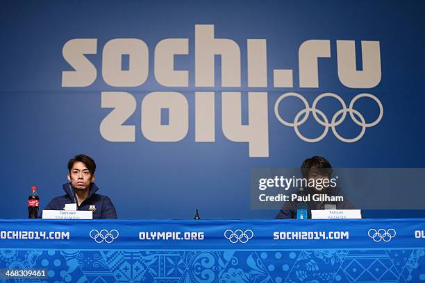 Figure skaters Daisuke Takahashi and Tatsuki Machida of Japan attend the Japan Fugire skating Mne's team press conference during day 3 of the Sochi...